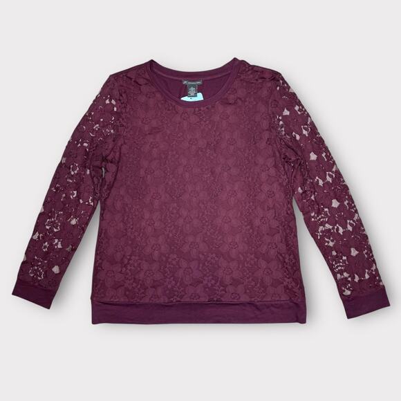 Adrianna Papell Lace Overlay Crew Neck Long Sleeve Top in Merlot Women's Large - Picture 15 of 15
